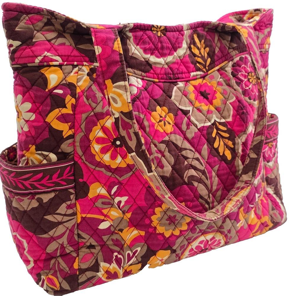Vera Bradley Floral Retro Print Magenta Orange Quilted Large Shoulder Bag Tote